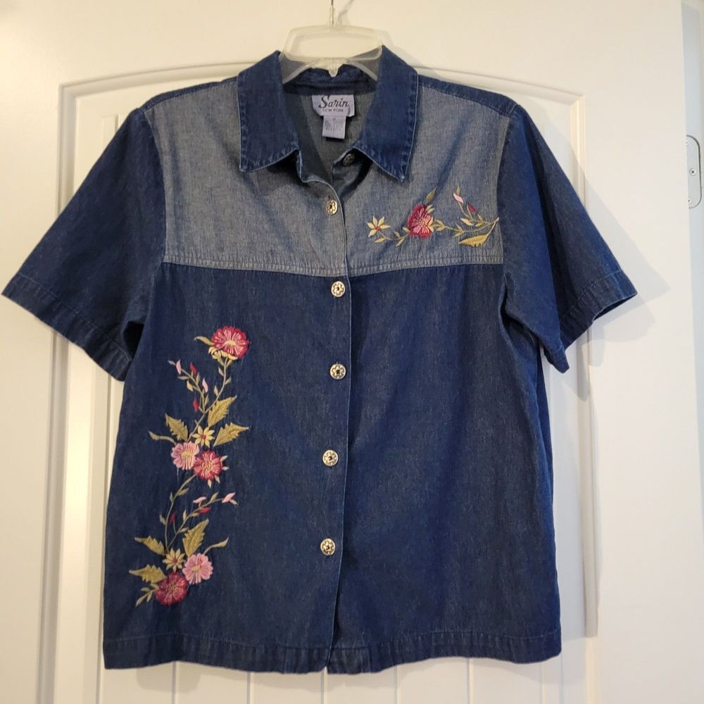 Vintage Sarin New York Embroidered womens denim top Colorblock M Cottage Grandma